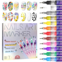 Nail Art Pens Set with 12 Vibrant Colors, 0.5mm Fine Tip Quick Dry Waterproof Nail Art Markers for DIY
