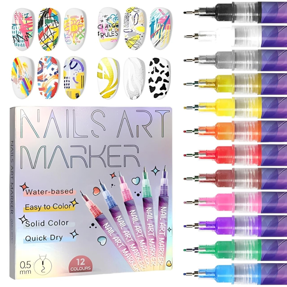 Nail Art Pens Set with 12 Vibrant Colors, 0.5mm Fine Tip Quick Dry Waterproof Nail Art Markers for DIY
