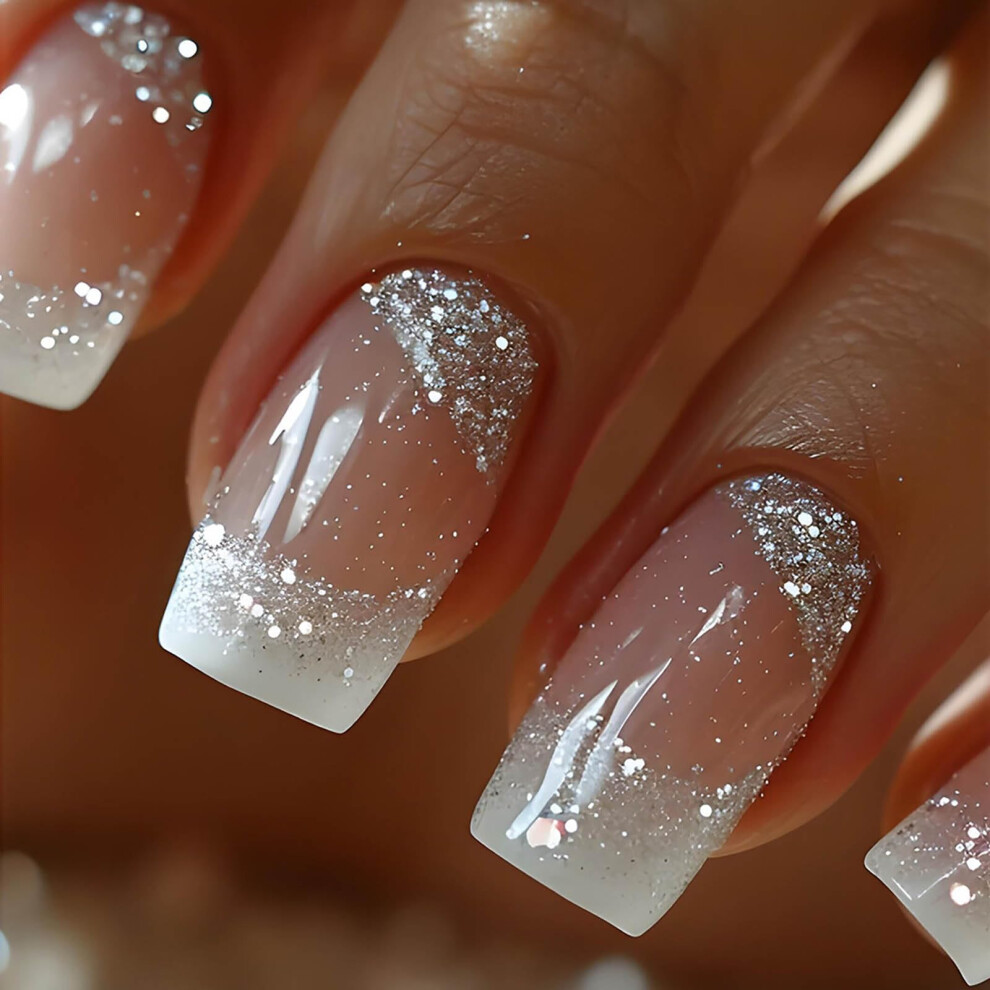 White,Cream Medium Length Square Press On Nails White French Tip Glitter Ombre Nude Fake Nails Set 24Pcs