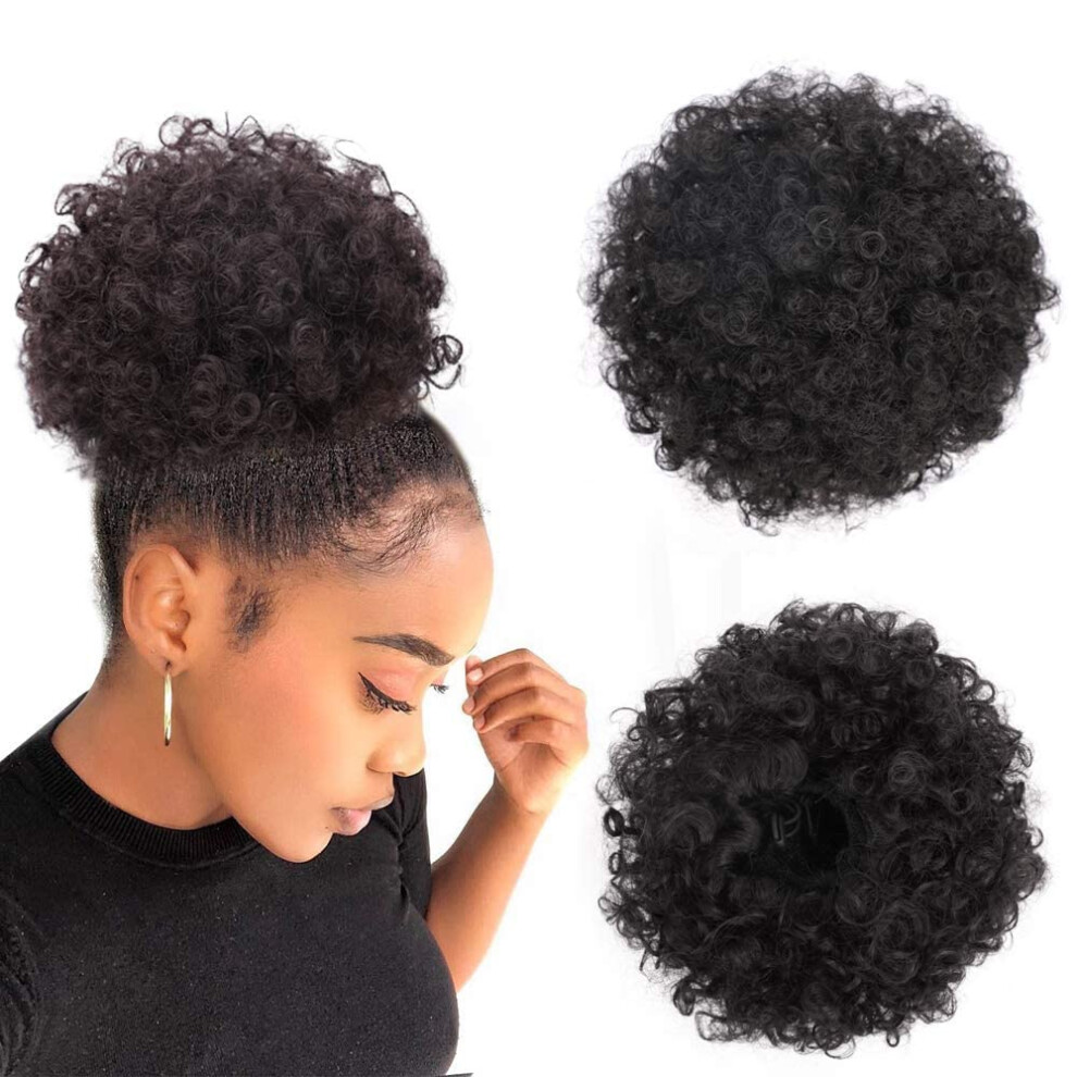 Unisex Black Afro Puff Drawstring Ponytail Kinky Curly Hair Bun Synthetic Extensions For Women