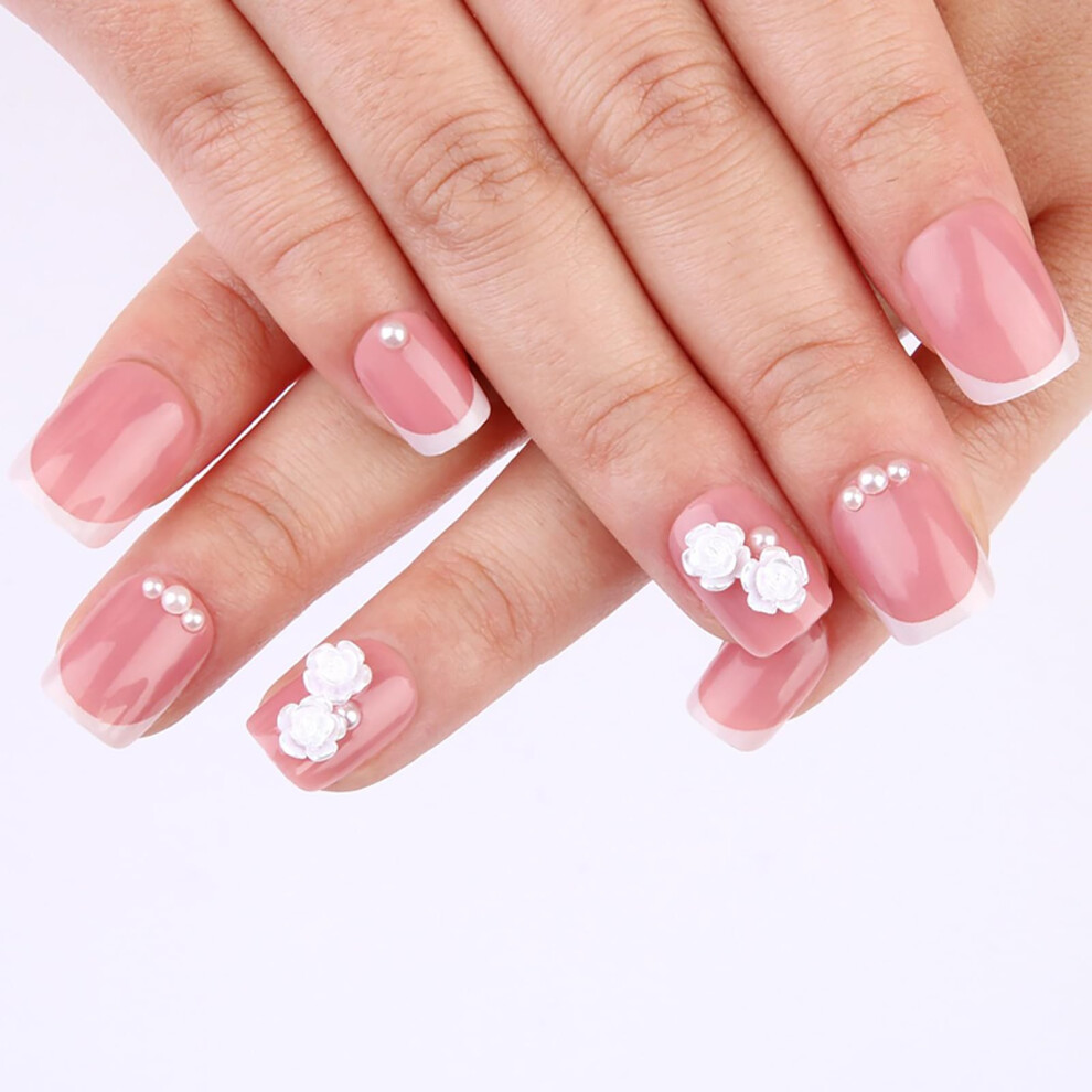 Press On Nails French Tip 3D Flower Acrylic Fake Nails with Adhesive Tabs Reusable 24pcs Set