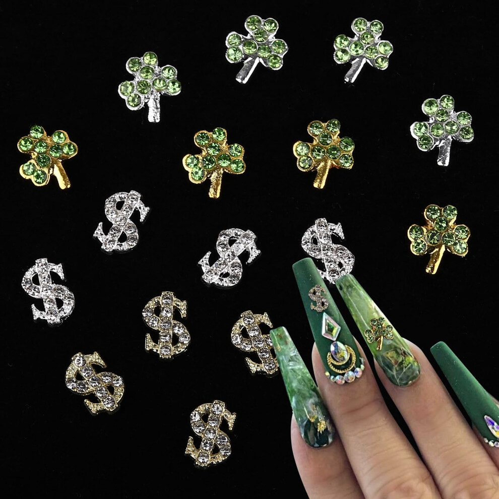 Gold/Silver St. Patrick's Day Nail Charms 3D Shamrock And Clover With Rhinestones Alloy 16Pcs