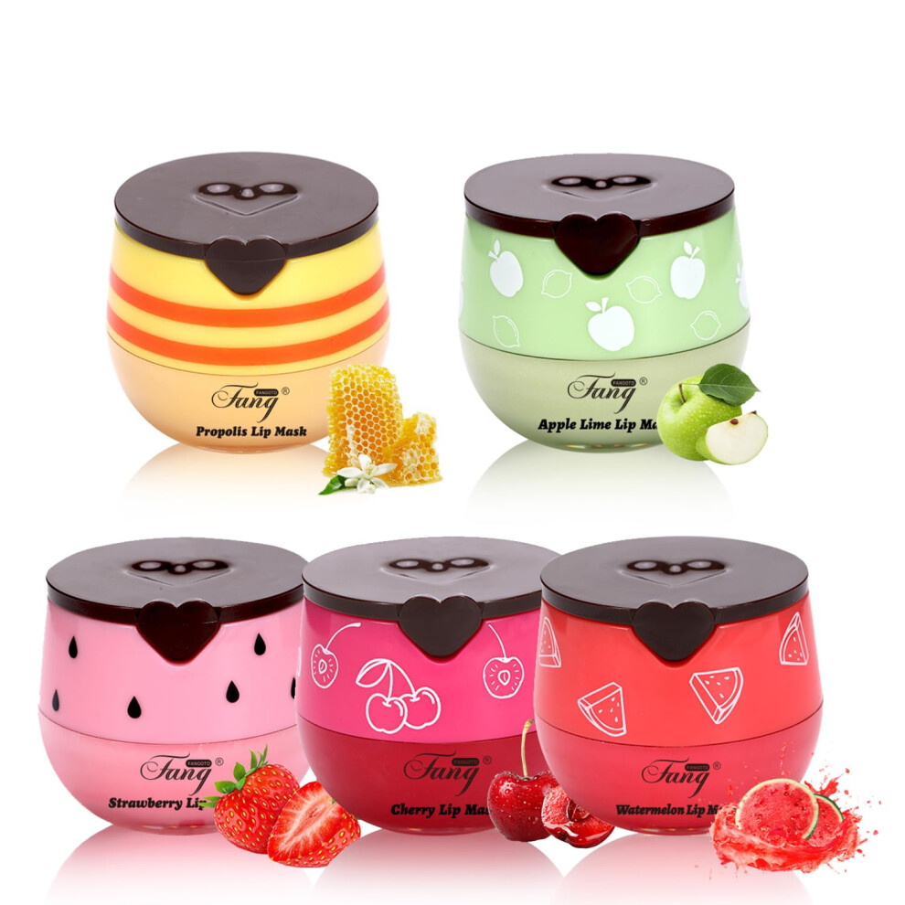 Lip Balm and Overnight Lip Mask with Deep Hydration, Fruity Scents, Vitamin E, 5 Flavors Set