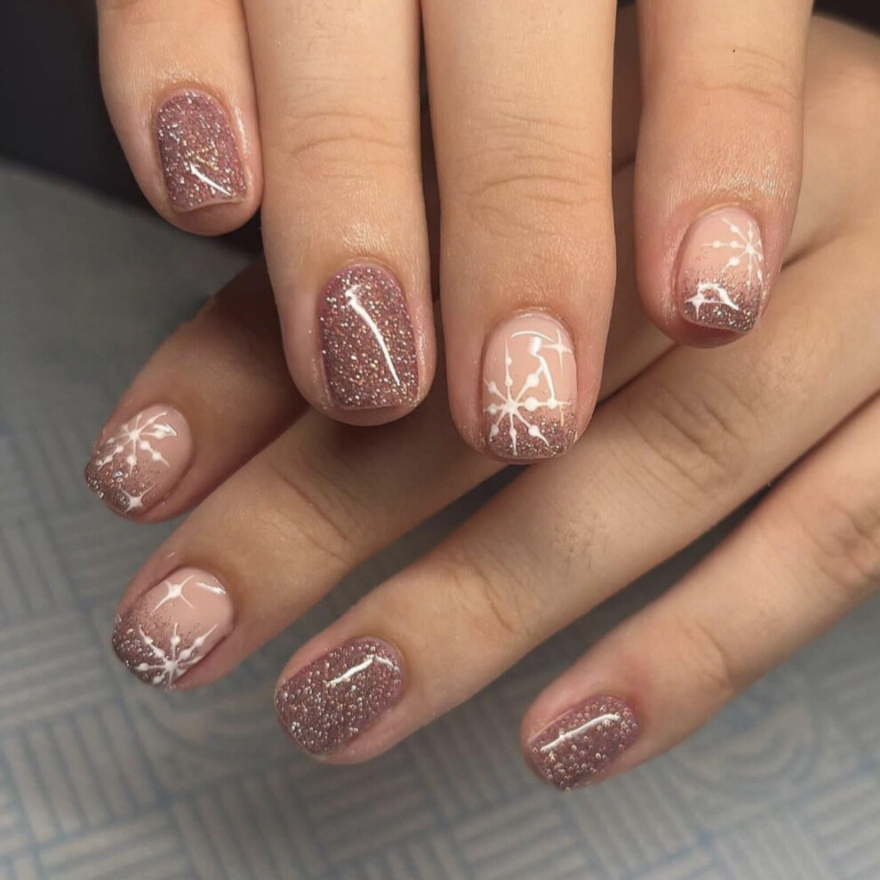 Cream Christmas Press On Nails Short Square Snowflake French Glitter Nude Glue On Holiday Fake Nails 24Pcs