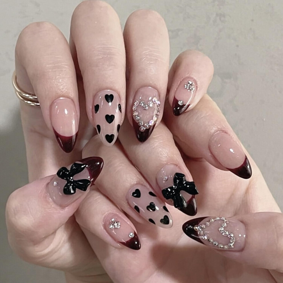 Red French Coffin Press On Nails With Rhinestones, Reusable Acrylic Fake Nails For Women 24Pcs