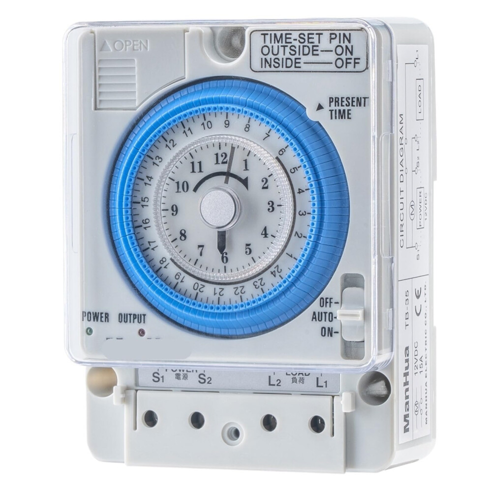 24 Hour 12Vdc 15A Din Rail Timer Switch, Analog Mechanical Time Controller For Energy Saving 9053599780991