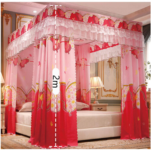 Mosquito Net Bed Canopy Pink Lace Double Layer for Double Bed with Four Corner Posts 2