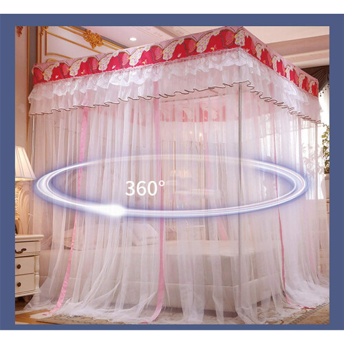Mosquito Net Bed Canopy Pink Lace Double Layer for Double Bed with Four Corner Posts 1