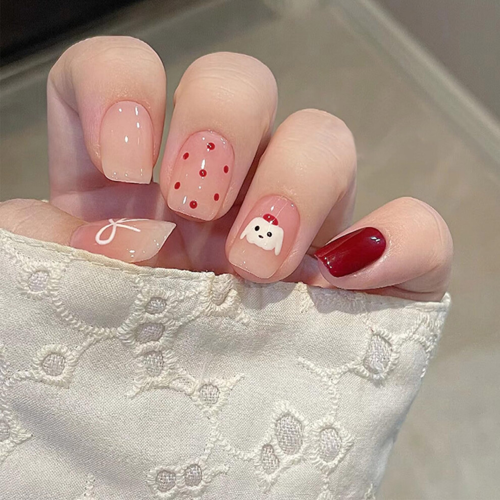 Short Square Valentine's Press On Nails 24pcs Cute Puppy Acrylic False Nails Red Polka Dot Design