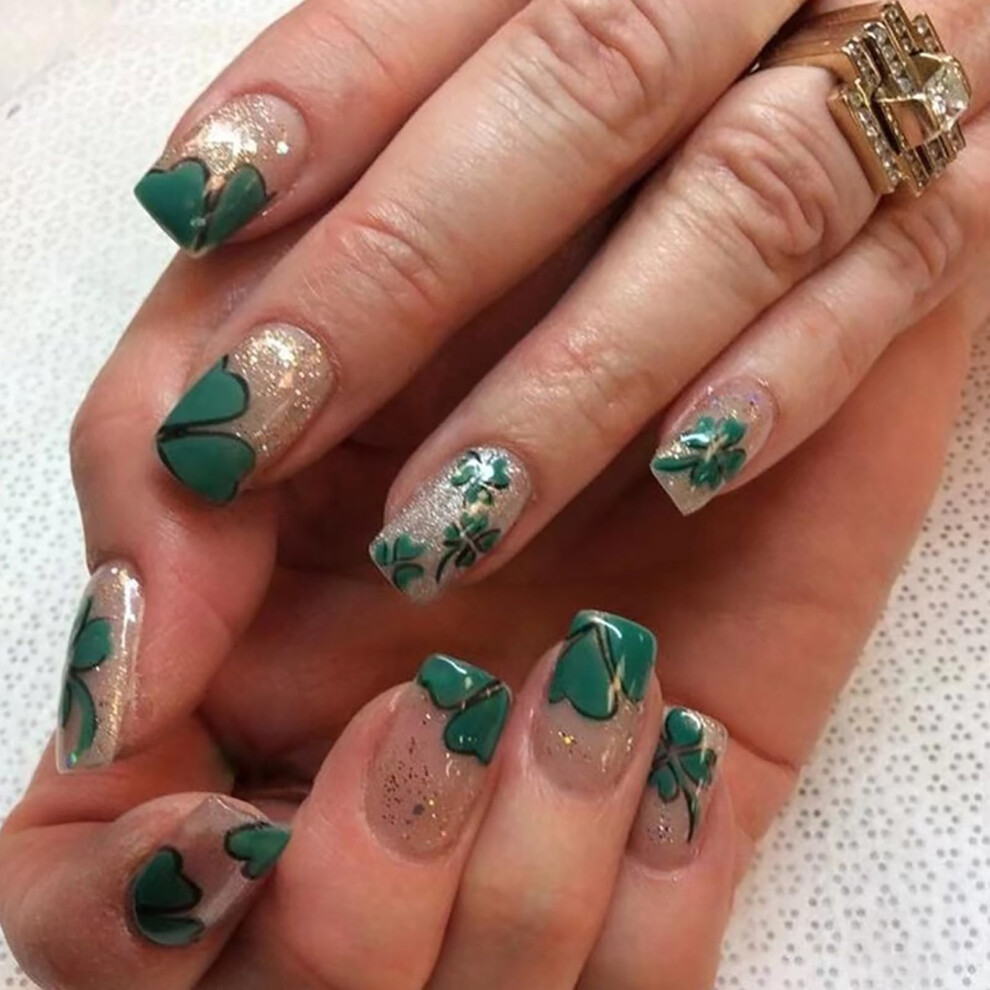 St. Patrick's Day Coffin Press On Nails Set Glossy Clover Fake Nails Kit Ready to Wear 24pcs