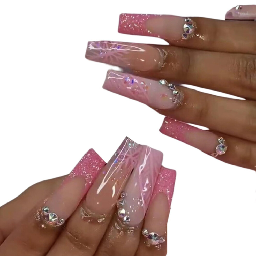 24pcs Long Coffin French Press On Nails with Rhinestones Reusable Acrylic False Nail Set