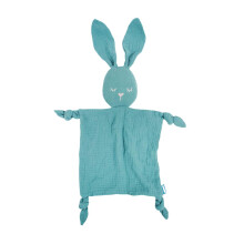 Organic Cotton Baby Security Blanket with Rabbit Plush, Teething Safe, Gentle Bell Sound, Blue