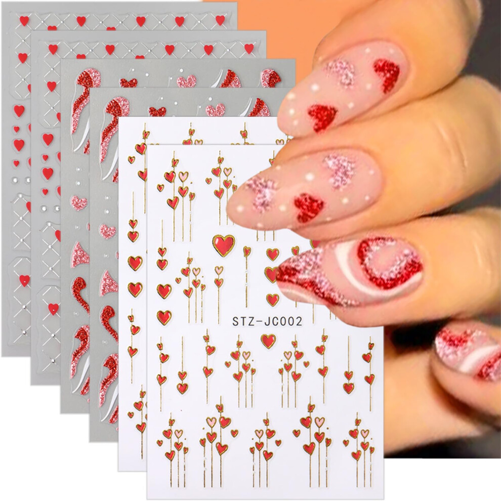 Valentine's Day Nail Stickers with 3D Glitter Hearts, SelfAdhesive Romantic Heart Nail Decals for Women