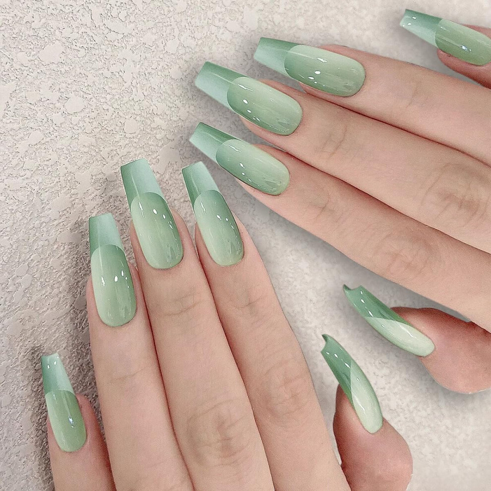 Mint Green Coffin and Almond PressOn Fake Nails for Spring, Instant Salon Look, Durable Wear
