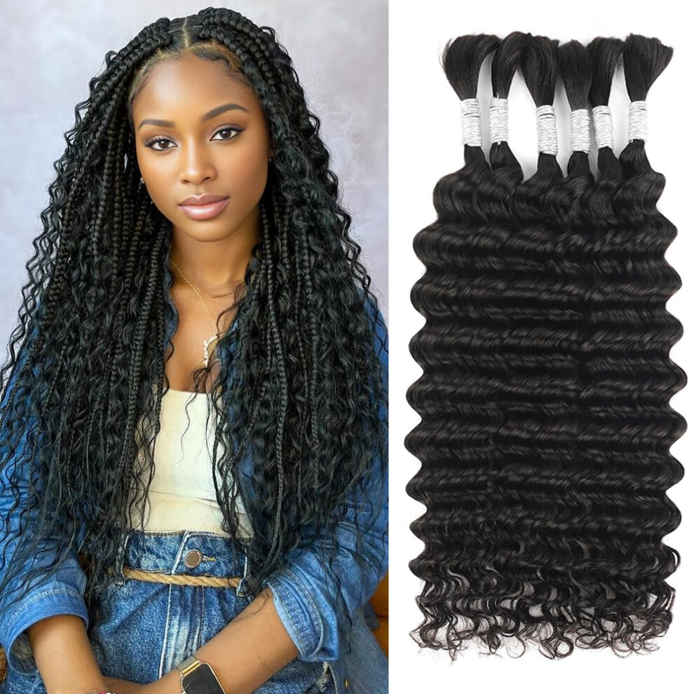 16 Inch Deep Wave Human Braiding Hair Extensions, No Weft Bulk, Natural Color, 6 Bundles 150g