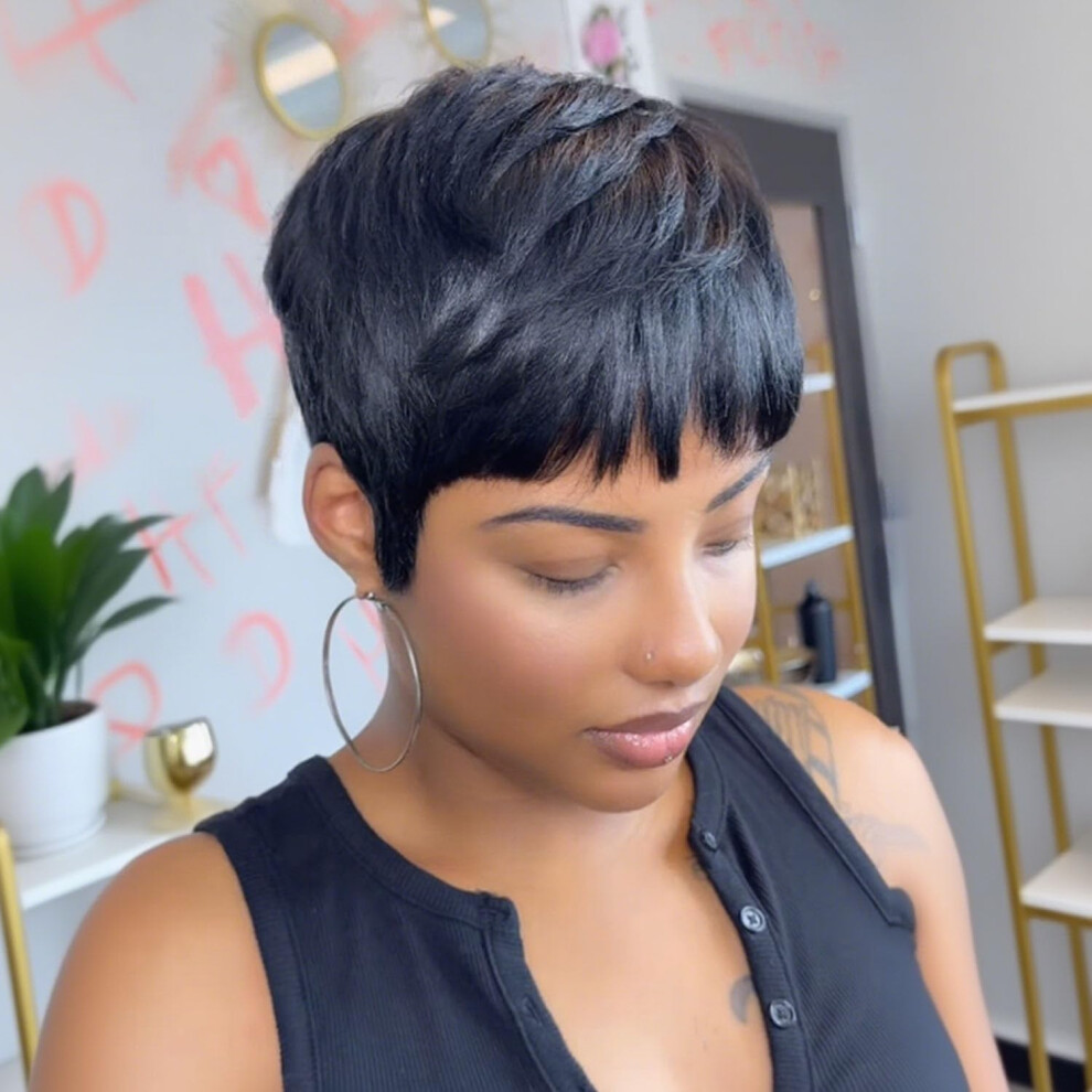 Unisex Black Pixie Cut Human Hair Wig Brazilian Remy Glueless Short Layered Style For Women