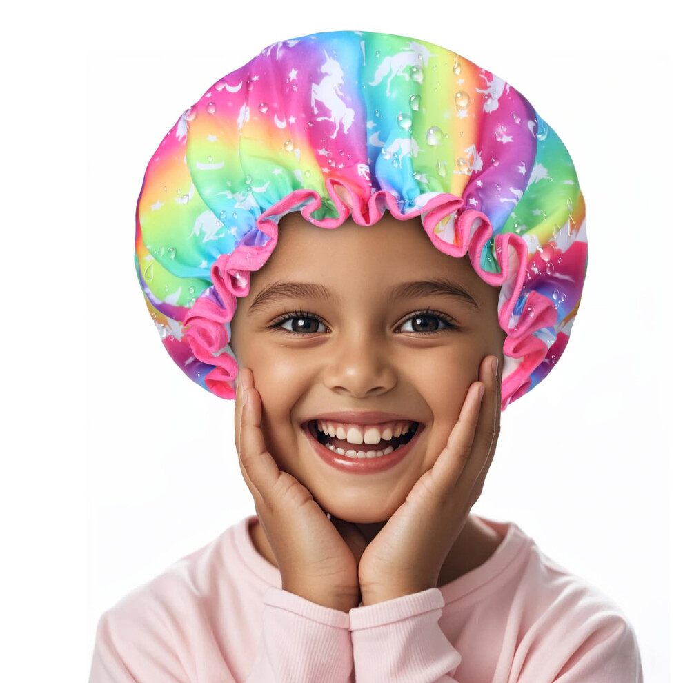 Kids Shower Cap DoubleLayer Waterproof Adjustable Reusable Unicorn Design for Girls and Toddlers