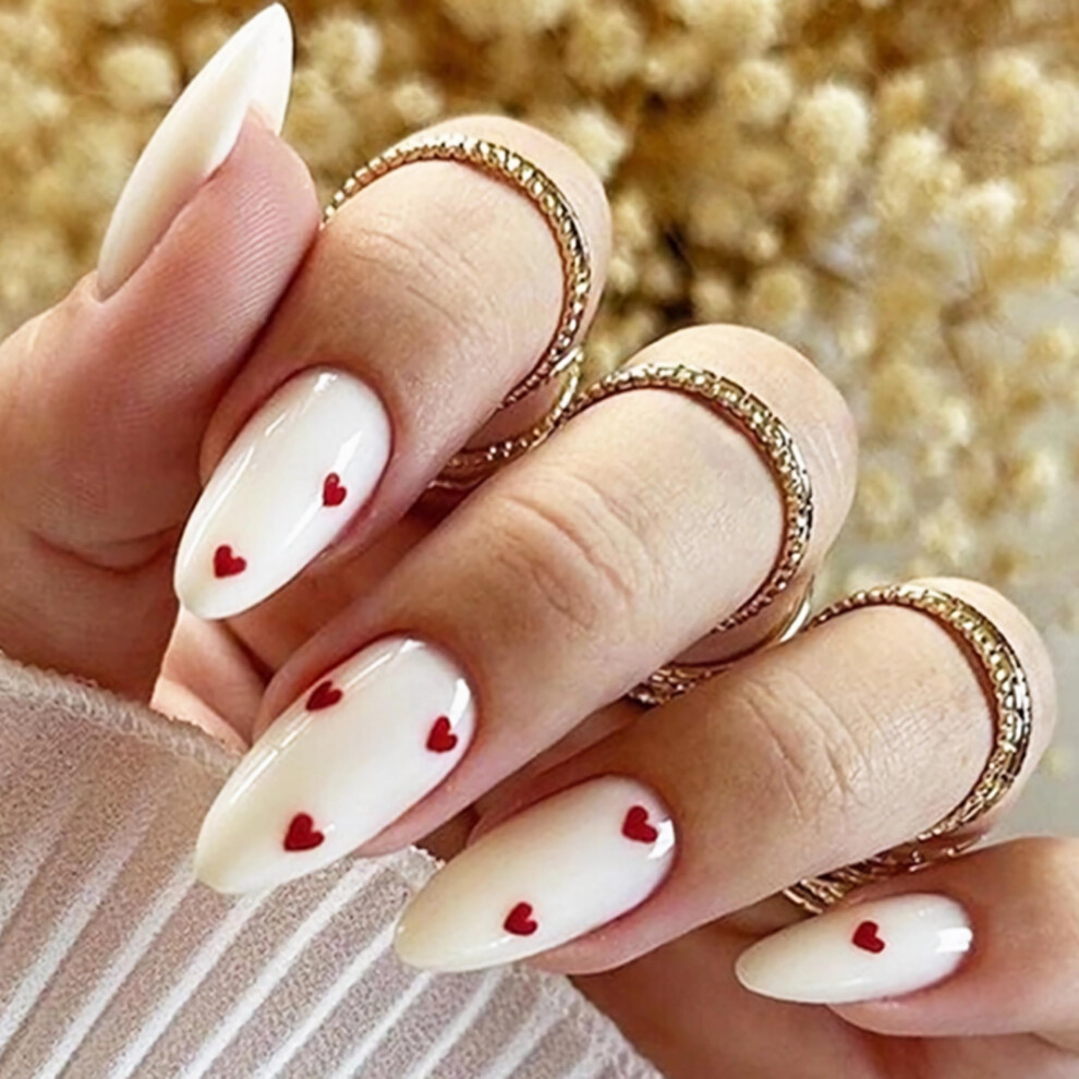White Almond Press On Nails Medium Length Glossy Stiletto Fake Nails 24Pcs Glue On Acrylic Set