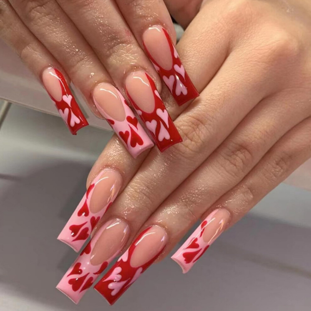 Valentines Press On Nails Long Coffin Red Pink Heart Design 24PCS Durable Acrylic False Nails