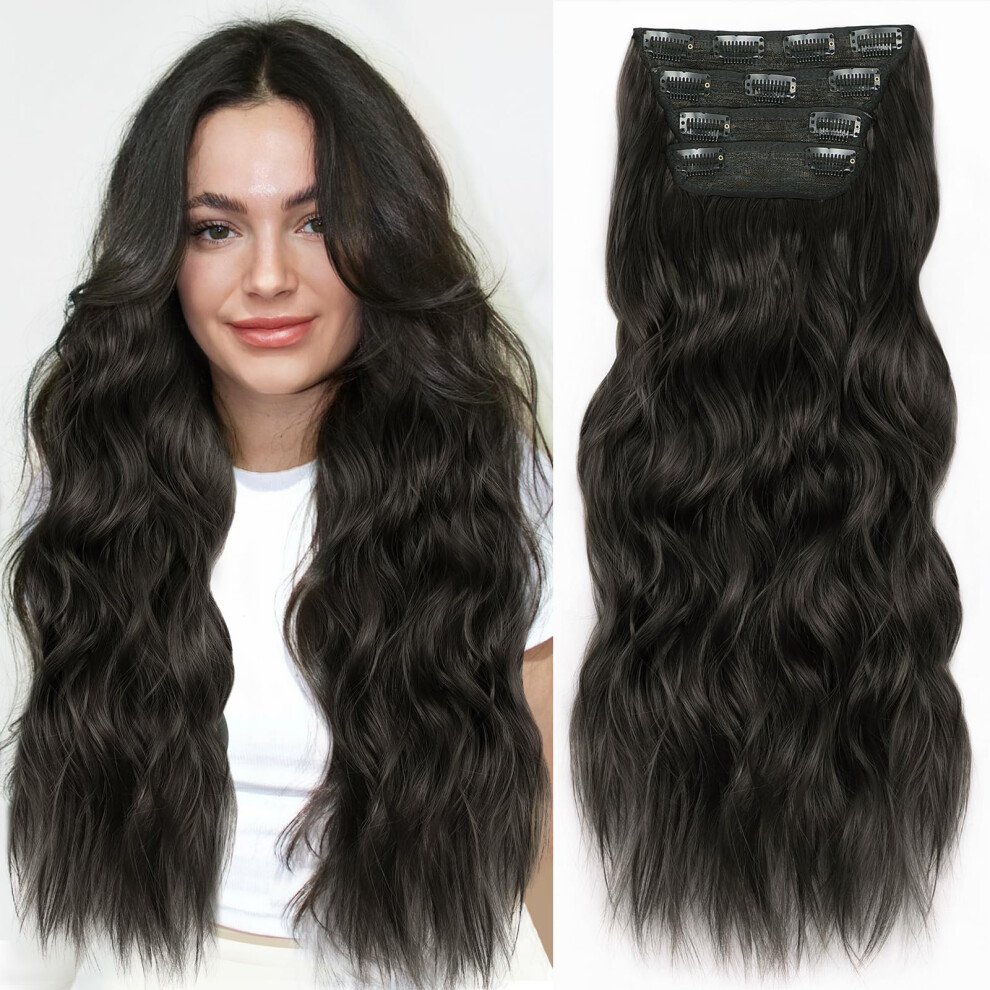 Unisex Black,Brown Clip In Hair Extensions 24 Inch Black Brown Long Wavy Synthetic Hairpieces Double Weft For Women