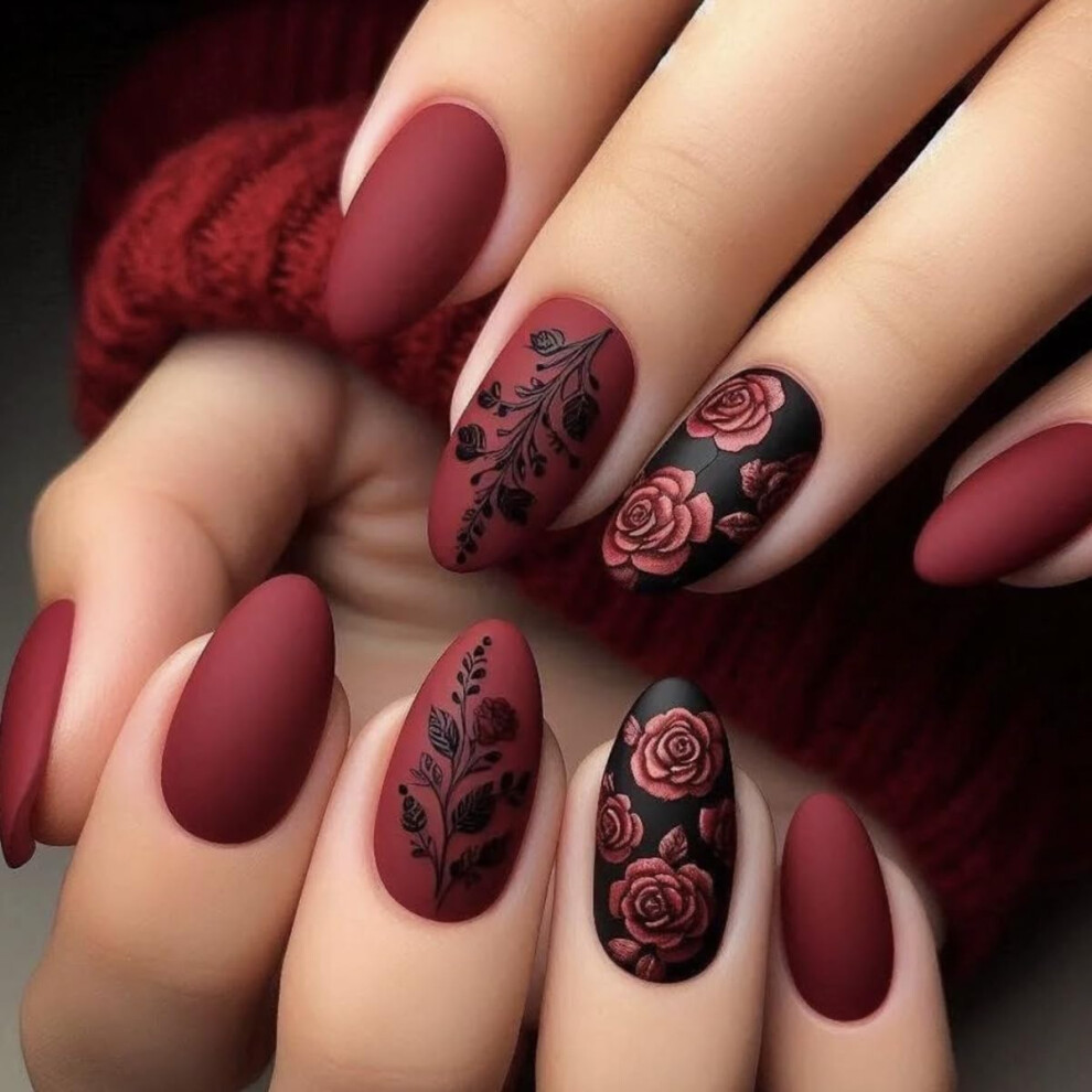 Valentine's Day Black Rose Press On Nails, Red Rose Almond Fake Nails with Glue, 24pcs Set