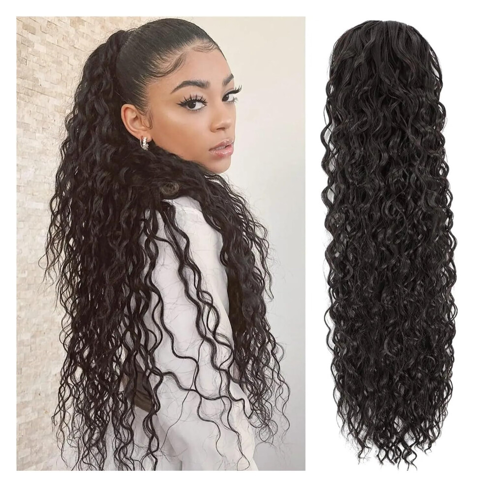 24 Inch Curly Drawstring Ponytail for Black Women, Synthetic Hair Extension with Natural Texture