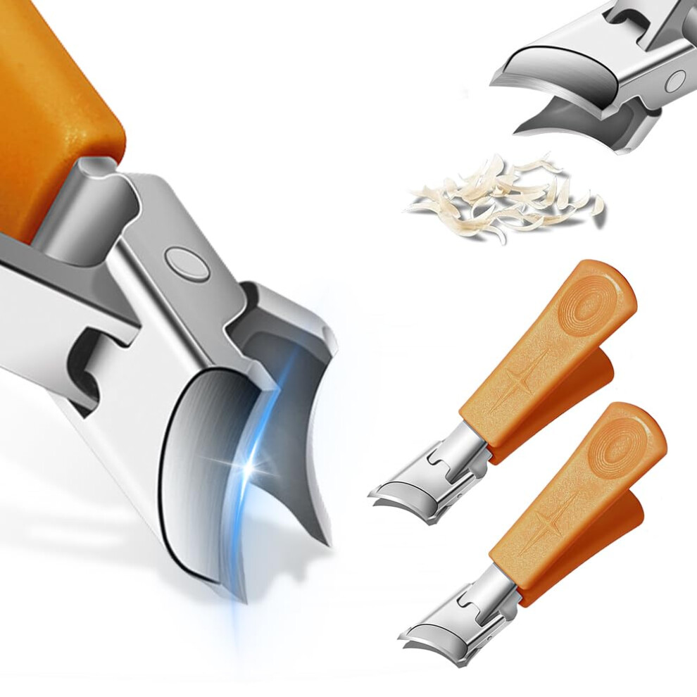 Nail Clipper for Thick Nails with Wide Jaw Opening, AntiSplash Long Handle Toenail Clippers, Orange 2Pack