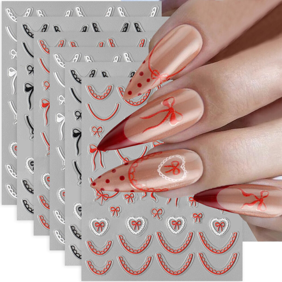 French Tip 3D Bow SelfAdhesive Nail Stickers, DIY Manicure Decals, 6 Sheets Variety