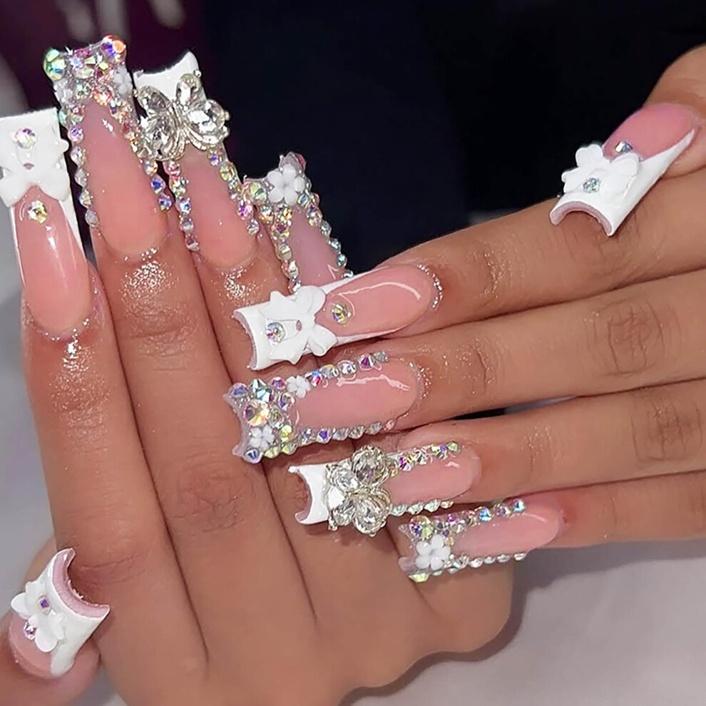 24Pcs Long Square Press on Nails with Rhinestones, Geometric Design Fake Nails, 12 Sizes