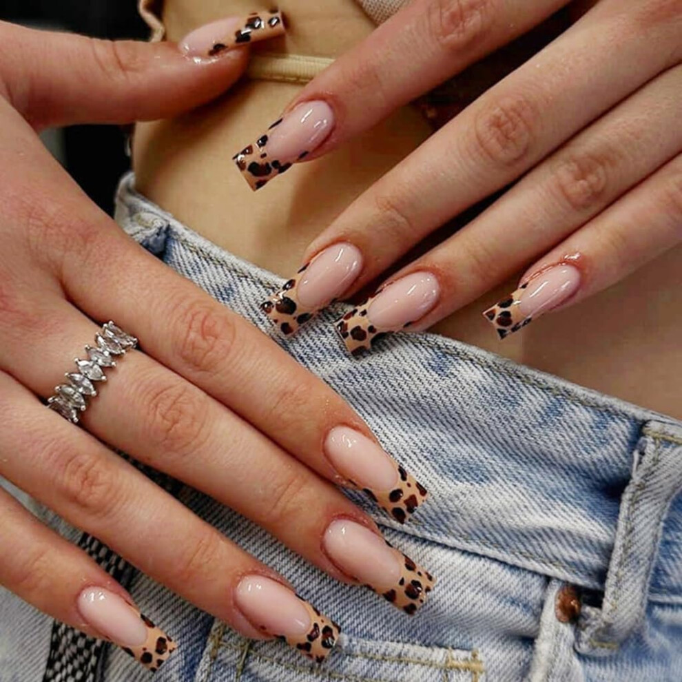 Long Coffin Leopard Print Press On Nails 24pcs False Nails Full Cover with Nail File for Women