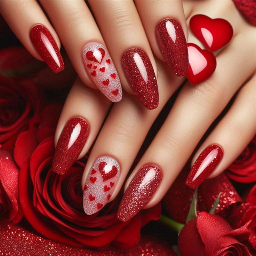24 Pcs Glitter Heart Almond Shape Press On Nails for Valentines Day Romantic Salon Look