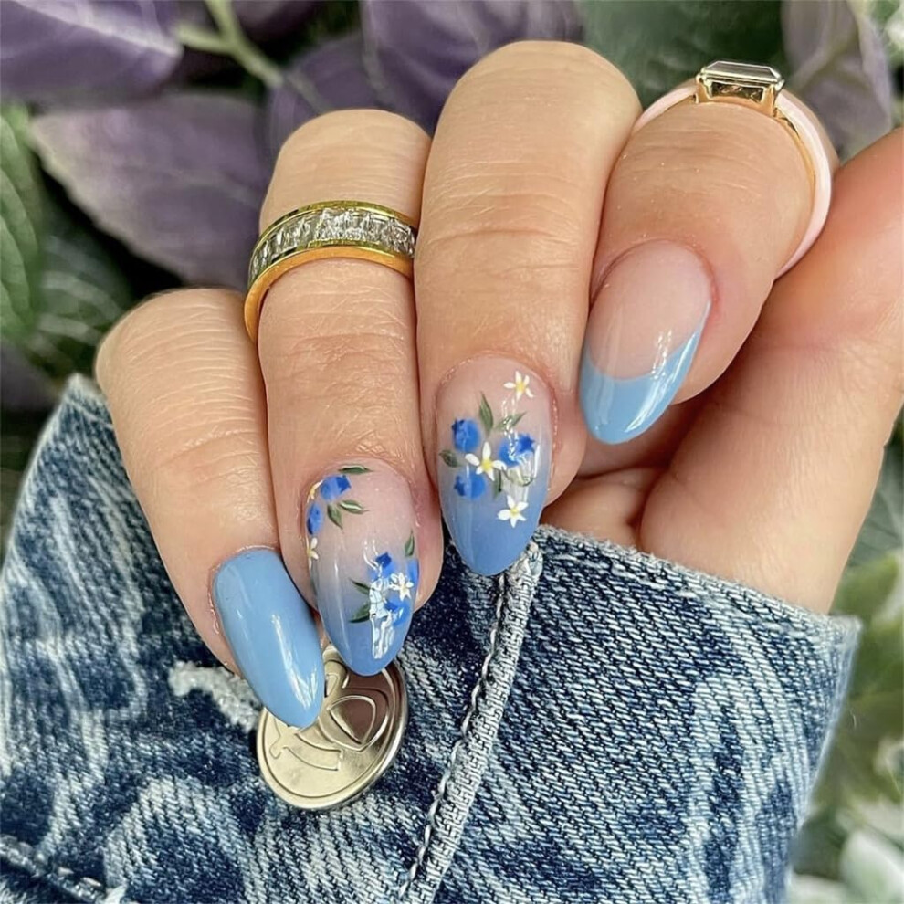 Blue French Tip Press On Nails Gradient With Floral Accents, 24Pcs Salonquality Fake Nails