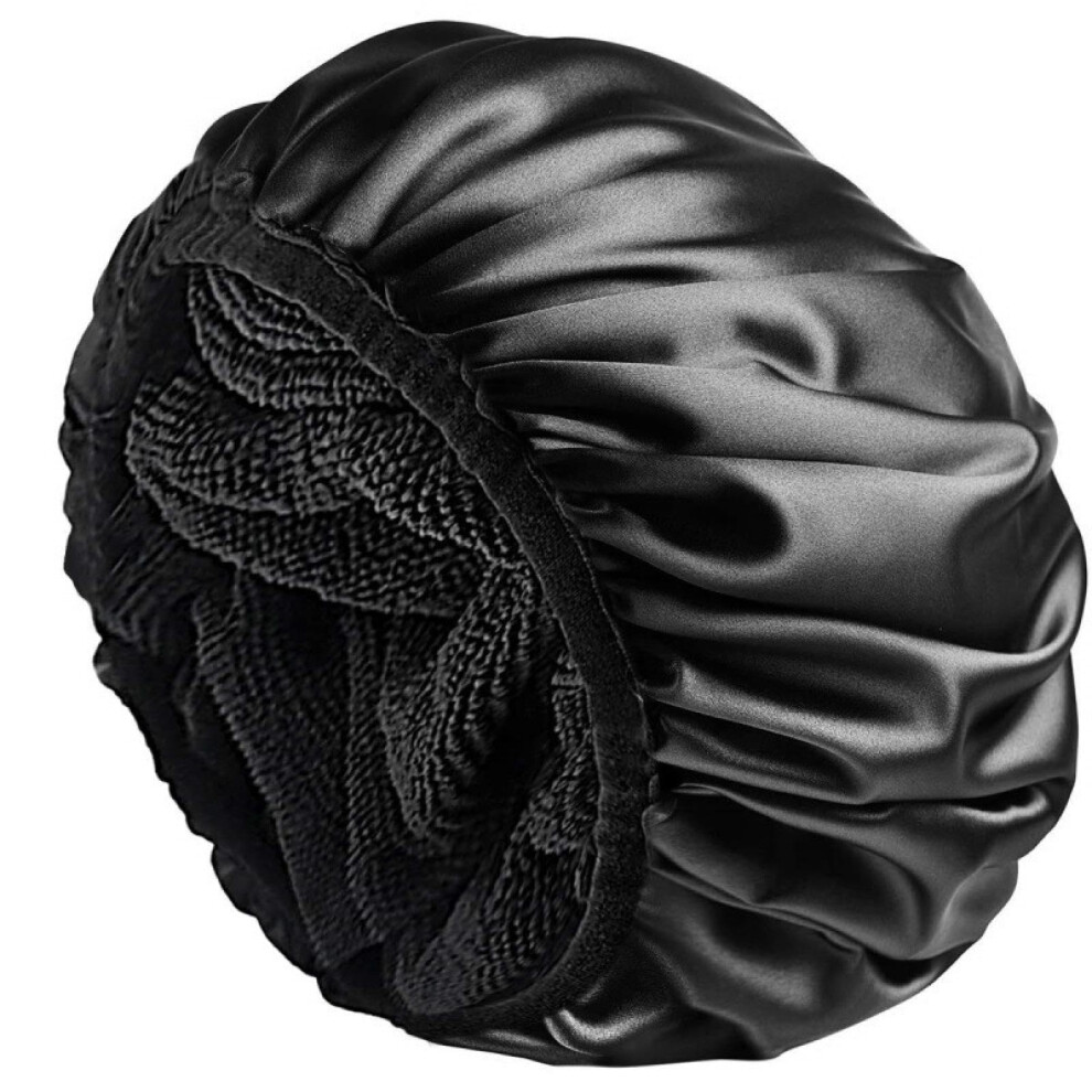 Oversized Waterproof Satin Shower Cap 13 Inch Triple Layer for Long Curly Hair Black