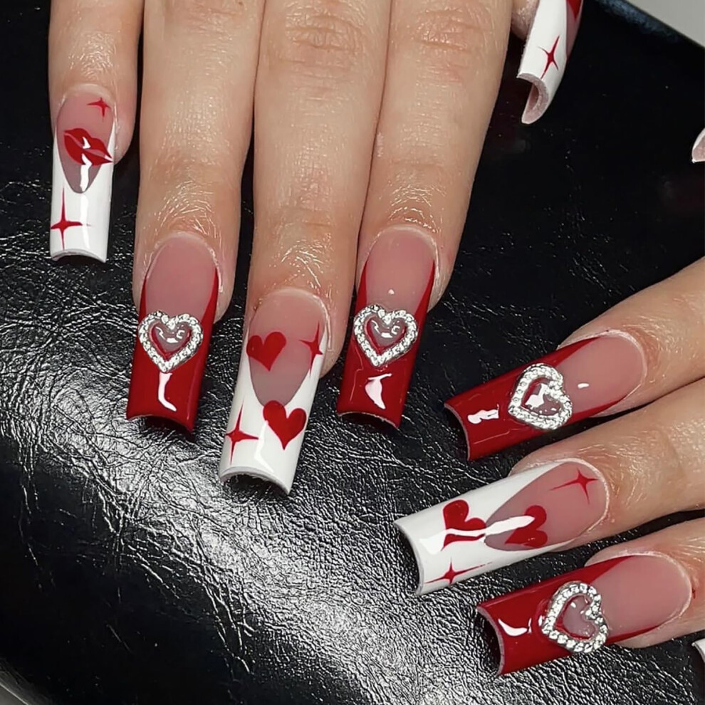Valentines Press On Nails Long Square Acrylic False Nails with Hearts Glitter and Rhinestones