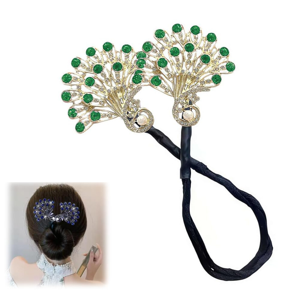 Peacock Hair Bun Maker with Elegant Alloy Design, Green Styling Tool for Fast Secure Updo