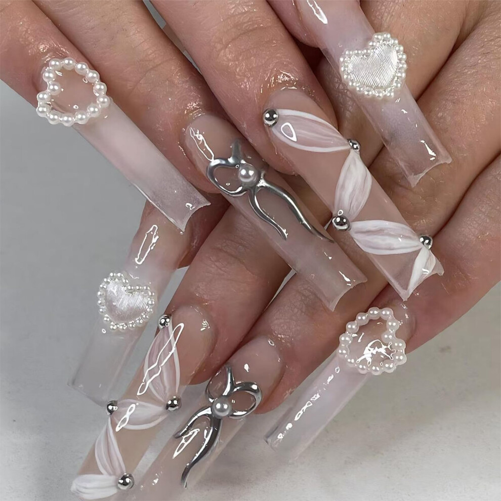 Silver Long Square Press On Nails With Glue 24Pcs Glossy Fake Nails 3D Bowknot For Parties