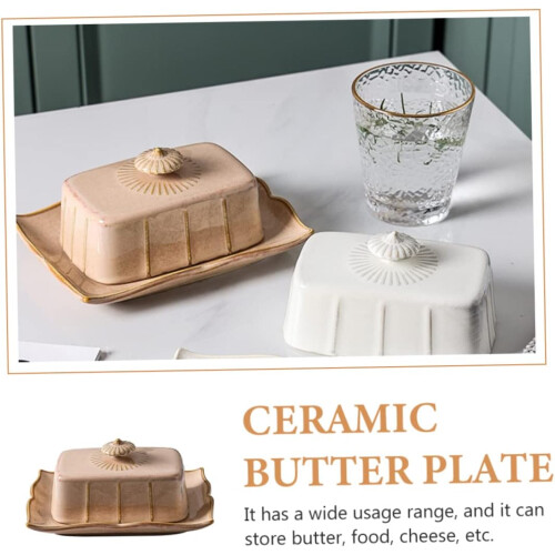 Vintage Ceramic Butter Dish with Lid, Rectangular Porcelain Keeper for Freshness, Khaki 2
