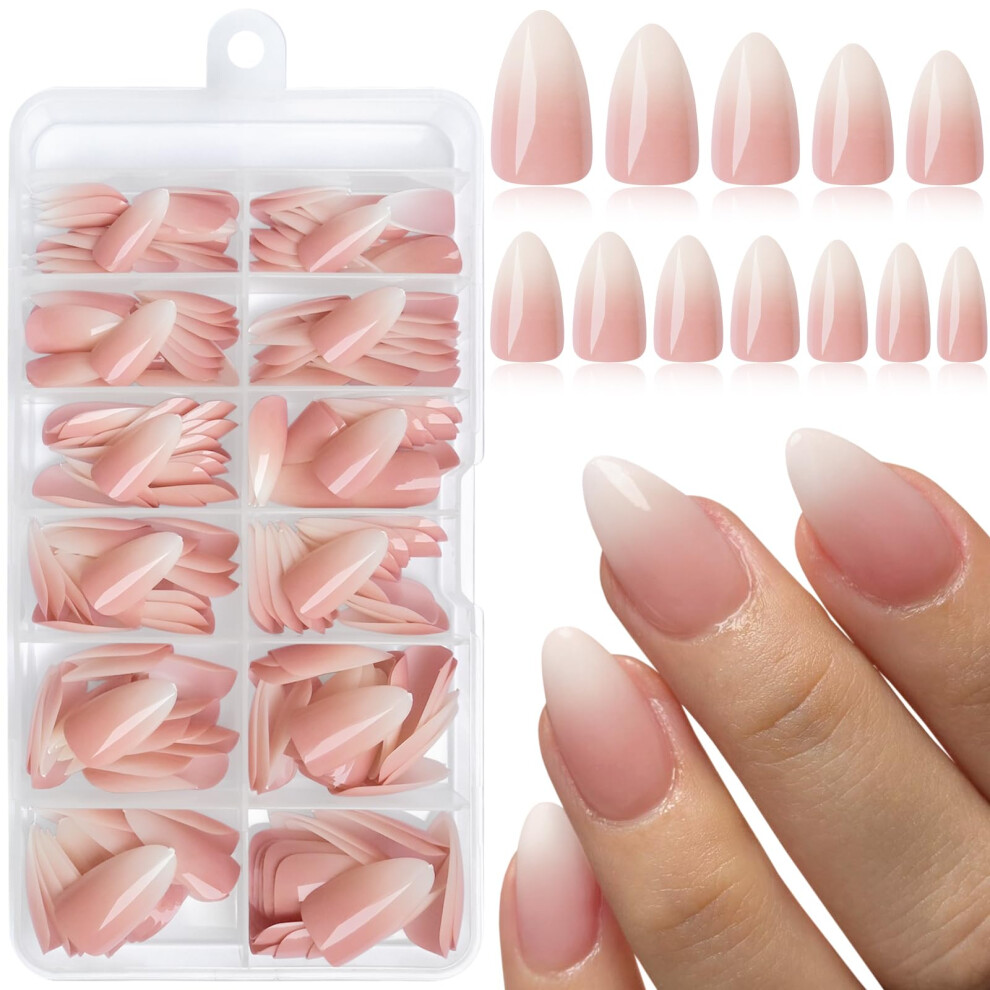 Short Almond Press on Nails Blush Pink to White Ombre Glossy Finish with Glue and Adhesive Tabs