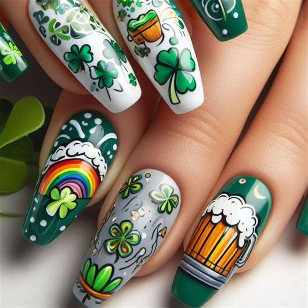 Green St. Patrick's Day Press On Nails Shamrock False Nails With Selfadhesive, 24Pcs Irish Design
