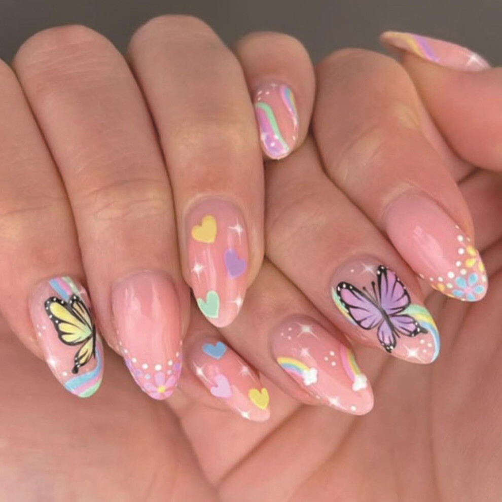 Medium Length Almond Press On Nails with Butterfly Design, Cute False Nails for Women, 24PCS