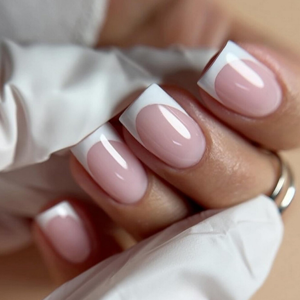 Cream French Tip Press On Nails Set, Square Nude Glossy Full Cover Fake Nails, 24Pcs Reusable With Glue