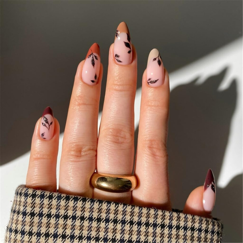 Medium Almond Press On Nails with French Tip, Glossy Leaf Design False Nails Set, 24pcs