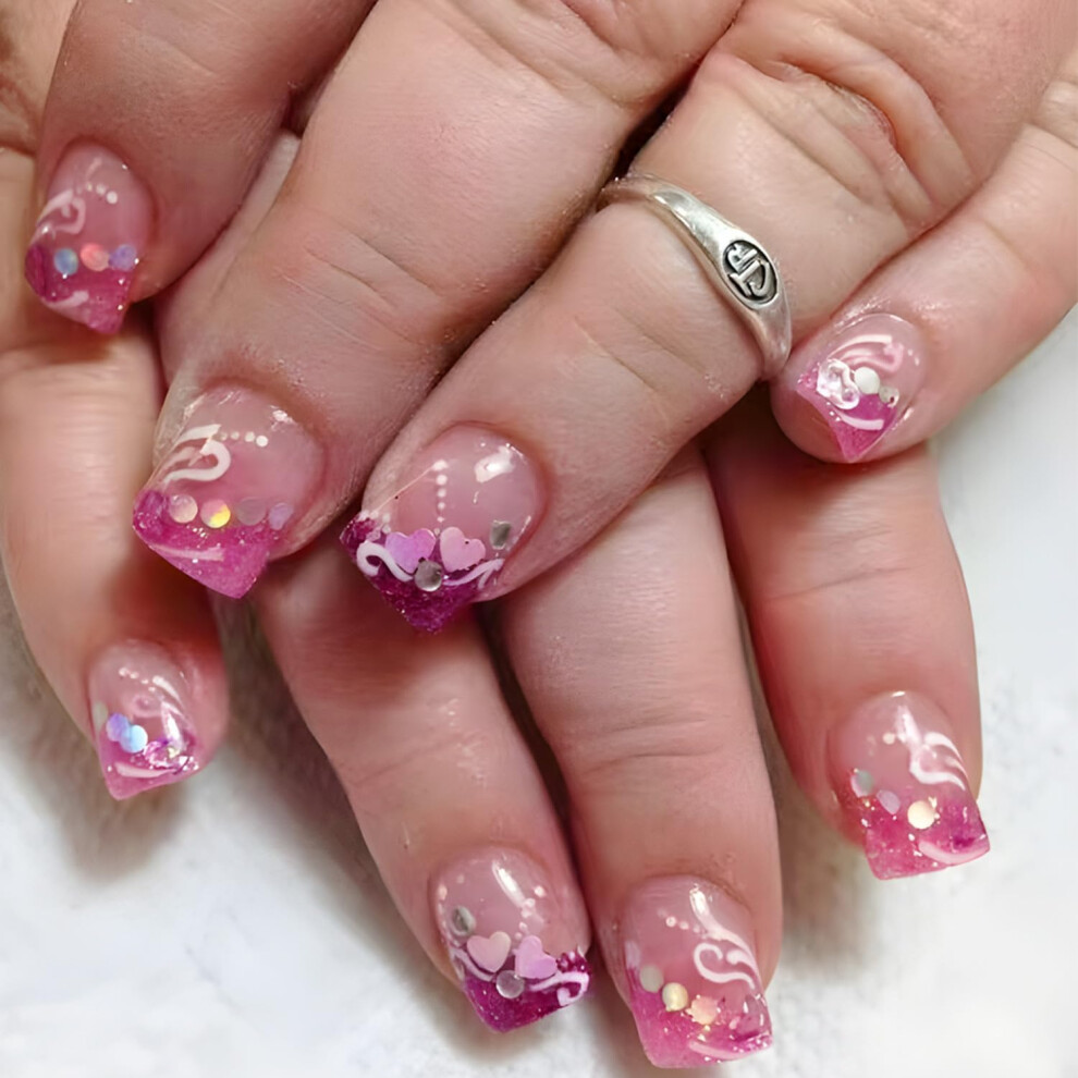 Pink 24Pcs Valentine's Day Press On Nails With French Tips And Heart Glitter Short Square Fake Nails
