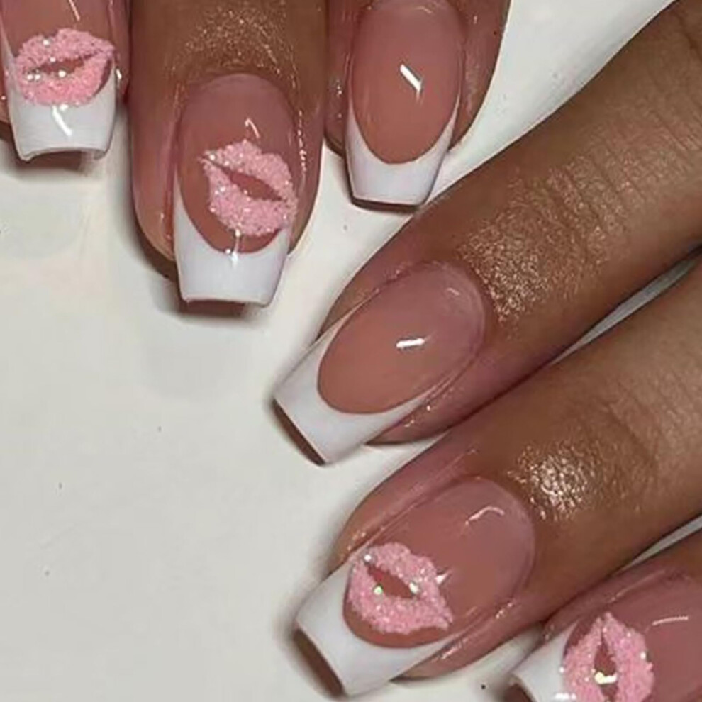 Pink,White Valentine Press On Nails Short Coffin White French Tip Pink Glitter Reusable Set 24Pcs