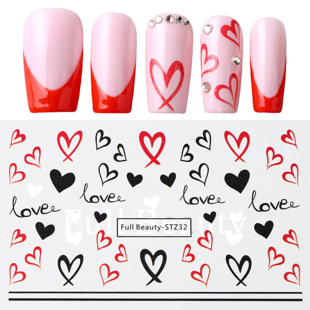 Valentine's Day Nail Art Stickers 6PCS Red and Black Heart Water Transfer Decals for DIY Manicure