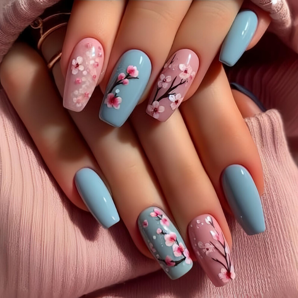 Medium Coffin Press On Nails Pink Floral Cherry Blossom Glossy Acrylic Glue On Set for Women 24pcs