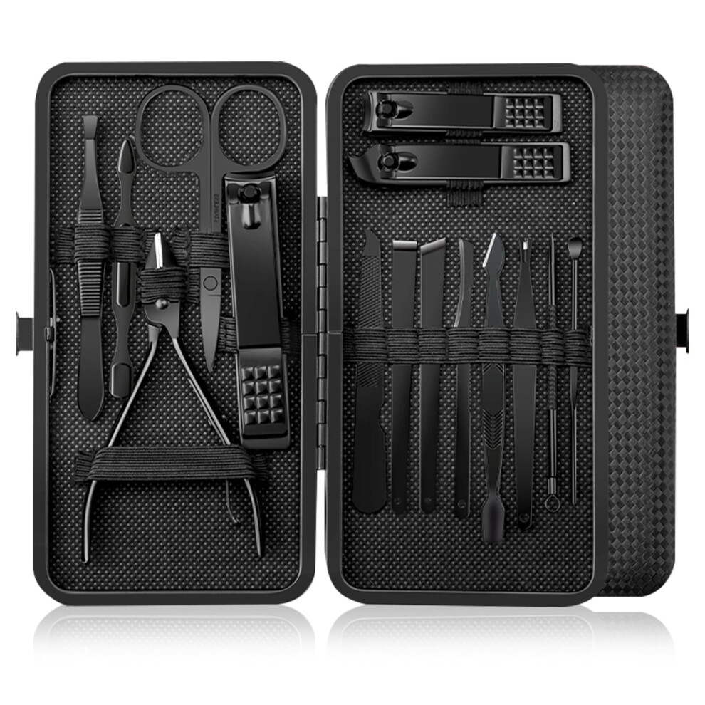 Professional 15in1 Stainless Steel Manicure Pedicure Set with Leather Case for Travel Grooming