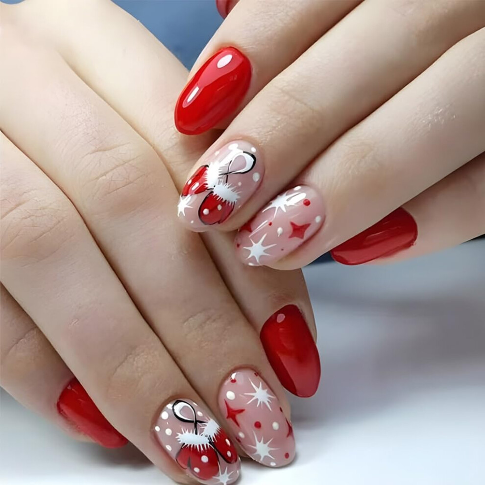 Christmas Press On Nails 24Pcs Short Almond Glove Design Holiday False Nail Tips ReadyToWear