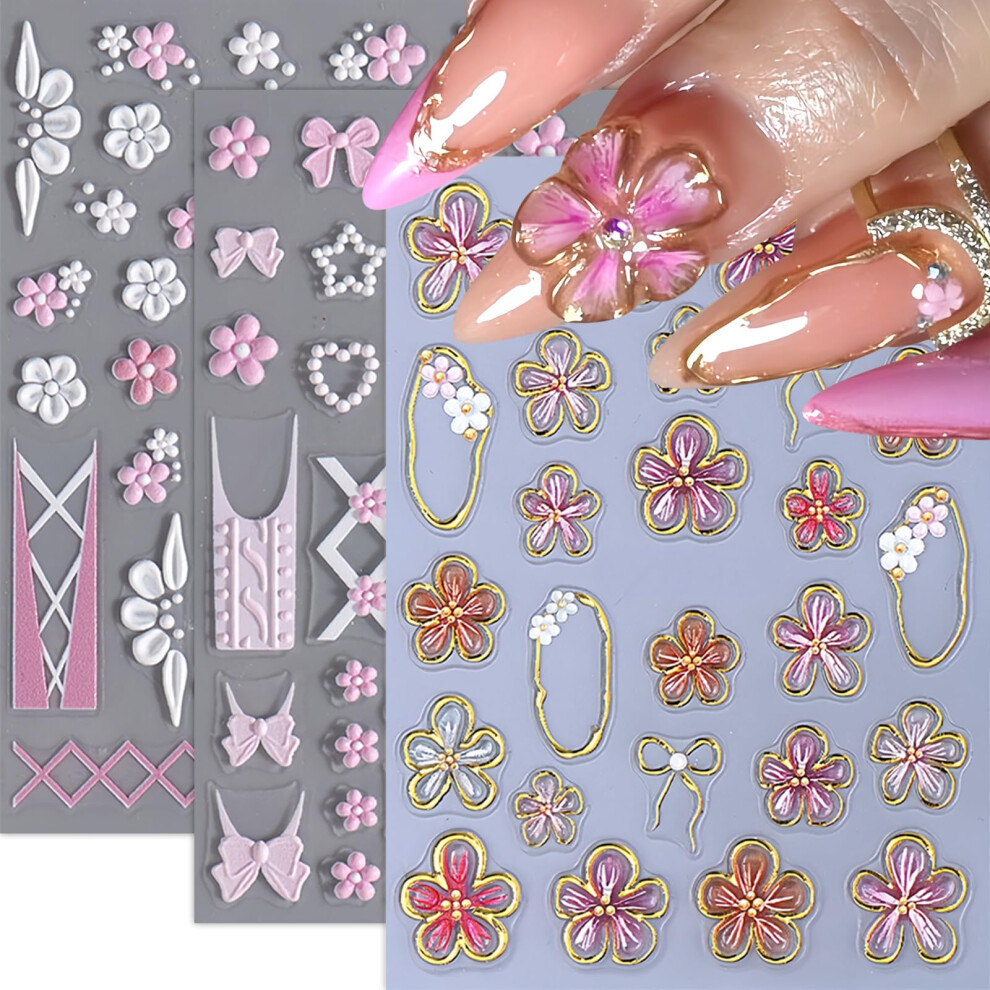 Pink 3Pcs Flower Nail Art Stickers 5D Embossed Selfadhesive Decals For Spring Summer French Tips