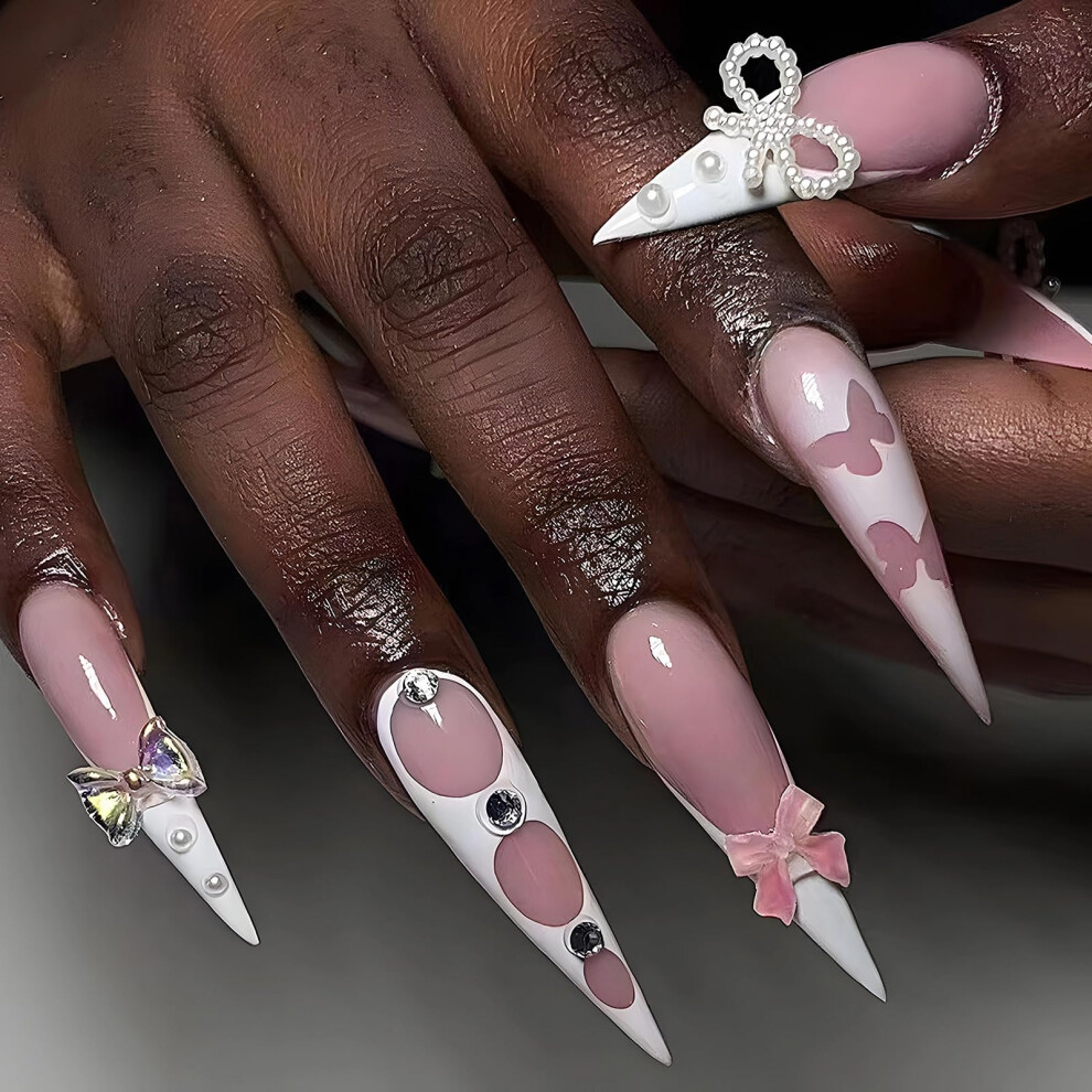 Long Stiletto Press On Nails French Tip Fake Nails with Bow Pearl Pink White Acrylic 24 Pcs